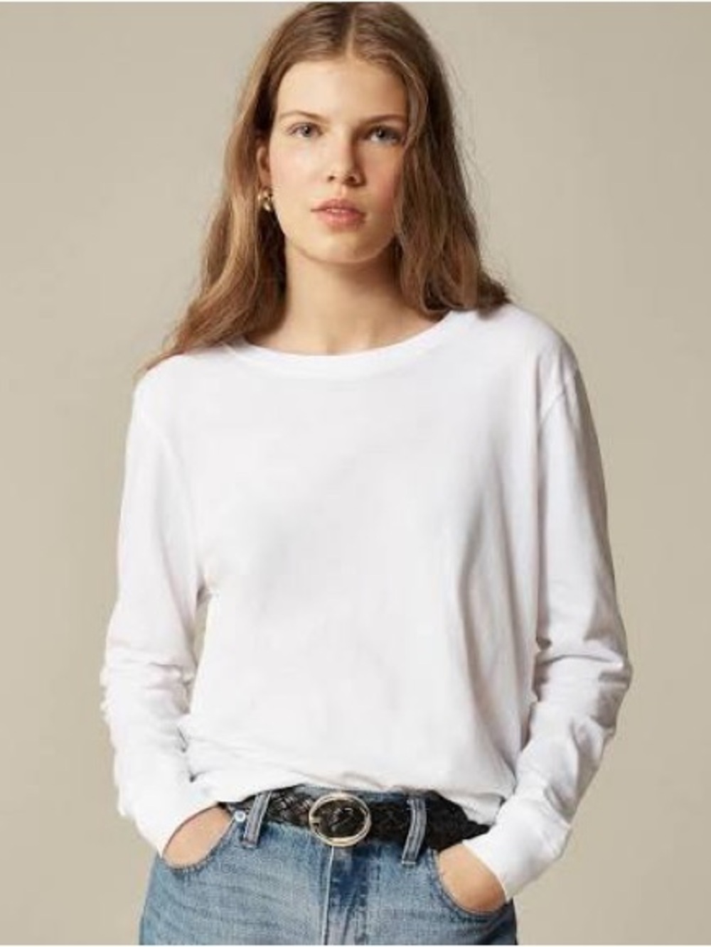 J Crew Vintage Jersey Women's Classic White Long-Sleeve Crewneck Tee